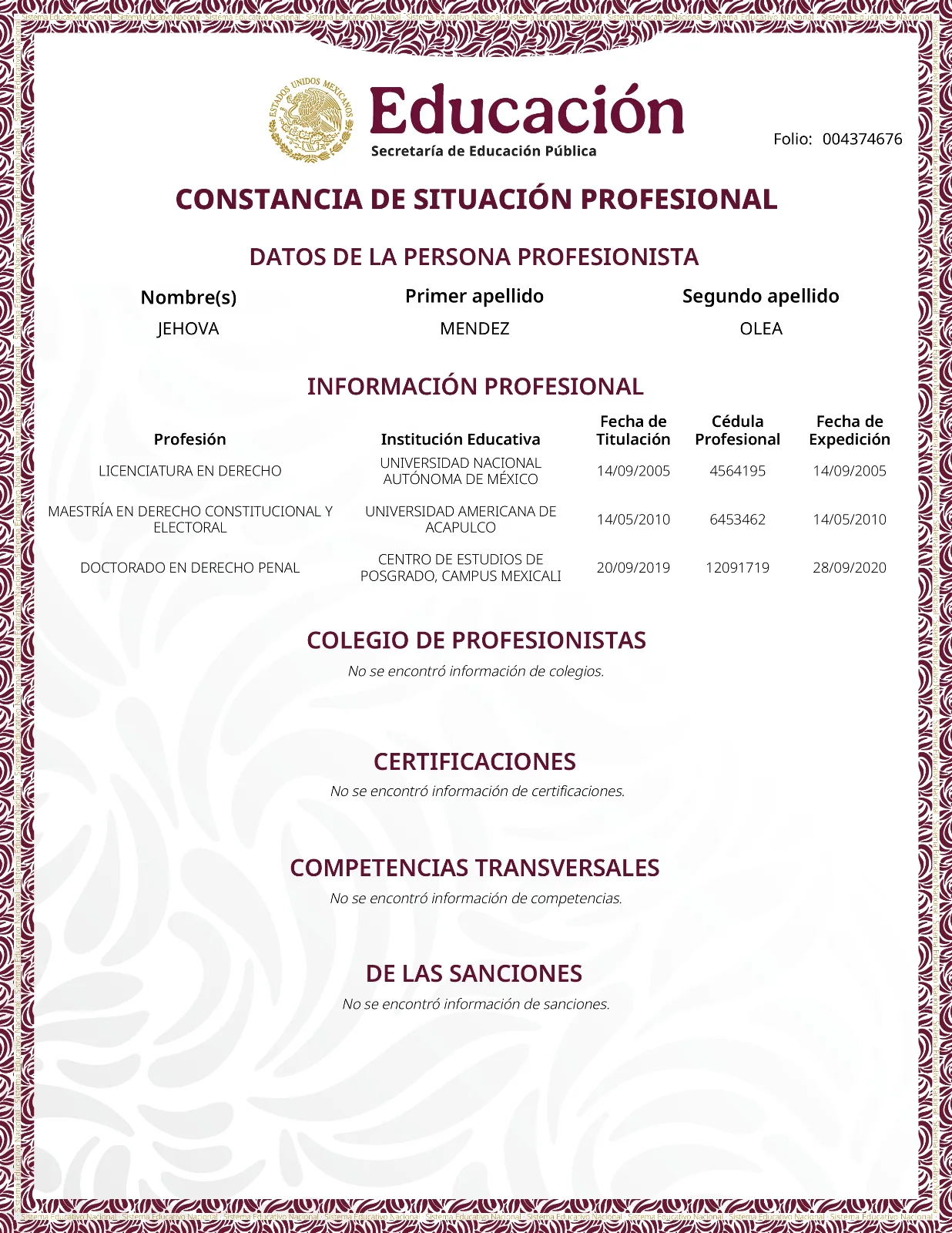 Constancia de situación profesional — ejemplo 1